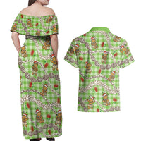 Green Palaka Hawaii Mele Kalikimaka Couples Matching Off Shoulder Maxi Dress and Hawaiian Shirt Ohia Lehua Shell Leis Funny Gingerbread Santa - Polynesian Pride