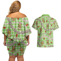 Green Palaka Hawaii Mele Kalikimaka Couples Matching Off Shoulder Short Dress and Hawaiian Shirt Ohia Lehua Shell Leis Funny Gingerbread Santa - Polynesian Pride