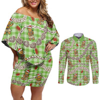 Green Palaka Hawaii Mele Kalikimaka Couples Matching Off Shoulder Short Dress and Long Sleeve Button Shirt Ohia Lehua Shell Leis Funny Gingerbread Santa - Polynesian Pride