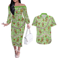 Green Palaka Hawaii Mele Kalikimaka Couples Matching Off The Shoulder Long Sleeve Dress and Hawaiian Shirt Ohia Lehua Shell Leis Funny Gingerbread Santa - Polynesian Pride