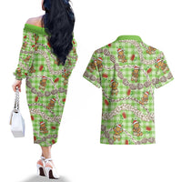 Green Palaka Hawaii Mele Kalikimaka Couples Matching Off The Shoulder Long Sleeve Dress and Hawaiian Shirt Ohia Lehua Shell Leis Funny Gingerbread Santa - Polynesian Pride
