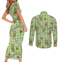 Green Palaka Hawaii Mele Kalikimaka Couples Matching Short Sleeve Bodycon Dress and Long Sleeve Button Shirt Ohia Lehua Shell Leis Funny Gingerbread Santa - Polynesian Pride