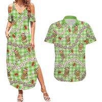 Green Palaka Hawaii Mele Kalikimaka Couples Matching Summer Maxi Dress and Hawaiian Shirt Ohia Lehua Shell Leis Funny Gingerbread Santa - Polynesian Pride