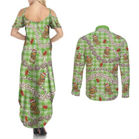 Green Palaka Hawaii Mele Kalikimaka Couples Matching Summer Maxi Dress and Long Sleeve Button Shirt Ohia Lehua Shell Leis Funny Gingerbread Santa - Polynesian Pride