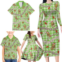 Green Palaka Hawaii Mele Kalikimaka Family Matching Long Sleeve Bodycon Dress and Hawaiian Shirt Ohia Lehua Shell Leis Funny Gingerbread Santa - Polynesian Pride