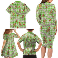 Green Palaka Hawaii Mele Kalikimaka Family Matching Long Sleeve Bodycon Dress and Hawaiian Shirt Ohia Lehua Shell Leis Funny Gingerbread Santa - Polynesian Pride