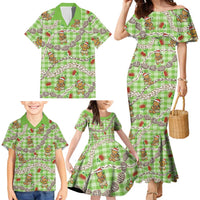 Green Palaka Hawaii Mele Kalikimaka Family Matching Mermaid Dress and Hawaiian Shirt Ohia Lehua Shell Leis Funny Gingerbread Santa - Polynesian Pride