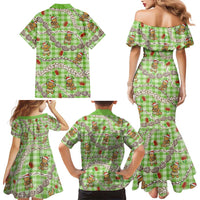 Green Palaka Hawaii Mele Kalikimaka Family Matching Mermaid Dress and Hawaiian Shirt Ohia Lehua Shell Leis Funny Gingerbread Santa - Polynesian Pride