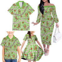 Green Palaka Hawaii Mele Kalikimaka Family Matching Off The Shoulder Long Sleeve Dress and Hawaiian Shirt Ohia Lehua Shell Leis Funny Gingerbread Santa - Polynesian Pride