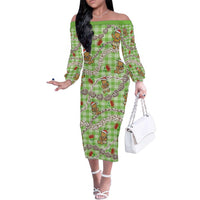 Green Palaka Hawaii Mele Kalikimaka Family Matching Off The Shoulder Long Sleeve Dress and Hawaiian Shirt Ohia Lehua Shell Leis Funny Gingerbread Santa - Polynesian Pride