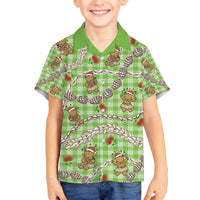 Green Palaka Hawaii Mele Kalikimaka Family Matching Off The Shoulder Long Sleeve Dress and Hawaiian Shirt Ohia Lehua Shell Leis Funny Gingerbread Santa - Polynesian Pride
