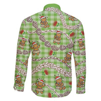Green Palaka Hawaii Mele Kalikimaka Family Matching Off Shoulder Short Dress and Hawaiian Shirt Ohia Lehua Shell Leis Funny Gingerbread Santa - Polynesian Pride
