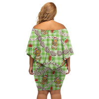 Green Palaka Hawaii Mele Kalikimaka Family Matching Off Shoulder Short Dress and Hawaiian Shirt Ohia Lehua Shell Leis Funny Gingerbread Santa - Polynesian Pride