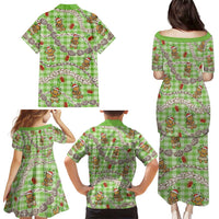 Green Palaka Hawaii Mele Kalikimaka Family Matching Puletasi and Hawaiian Shirt Ohia Lehua Shell Leis Funny Gingerbread Santa - Polynesian Pride