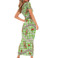 Green Palaka Hawaii Mele Kalikimaka Family Matching Short Sleeve Bodycon Dress and Hawaiian Shirt Ohia Lehua Shell Leis Funny Gingerbread Santa - Polynesian Pride