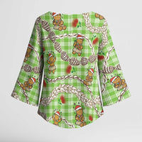 Green Palaka Hawaii Mele Kalikimaka Kimono Sleeve Blouse Ohia Lehua Shell Leis Funny Gingerbread Santa LT14 - Polynesian Pride
