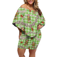 Green Palaka Hawaii Mele Kalikimaka Off Shoulder Short Dress Ohia Lehua Shell Leis Funny Gingerbread Santa - Polynesian Pride