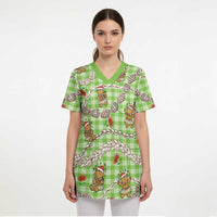 Green Palaka Hawaii Mele Kalikimaka Scrub Top Ohia Lehua Shell Leis Funny Gingerbread Santa LT14 - Polynesian Pride