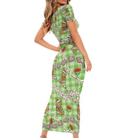Green Palaka Hawaii Mele Kalikimaka Short Sleeve Bodycon Dress Ohia Lehua Shell Leis Funny Gingerbread Santa - Polynesian Pride