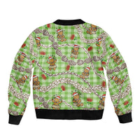 Green Palaka Hawaii Mele Kalikimaka Sleeve Zip Bomber Jacket Ohia Lehua Shell Leis Funny Gingerbread Santa - Polynesian Pride