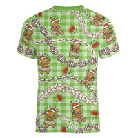 Green Palaka Hawaii Mele Kalikimaka Women V-Neck T-Shirt Ohia Lehua Shell Leis Funny Gingerbread Santa - Polynesian Pride
