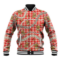 Red Palaka Hawaii Mele Kalikimaka Baseball Jacket Ohia Lehua Shell Leis Funny Gingerbread Santa LT14 Unisex Red - Polynesian Pride