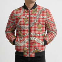 Red Palaka Hawaii Mele Kalikimaka Bomber Puffer Jacket Ohia Lehua Shell Leis Funny Gingerbread Santa LT14 - Polynesian Pride