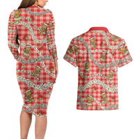 Red Palaka Hawaii Mele Kalikimaka Couples Matching Long Sleeve Bodycon Dress and Hawaiian Shirt Ohia Lehua Shell Leis Funny Gingerbread Santa - Polynesian Pride