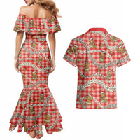 Red Palaka Hawaii Mele Kalikimaka Couples Matching Mermaid Dress and Hawaiian Shirt Ohia Lehua Shell Leis Funny Gingerbread Santa - Polynesian Pride