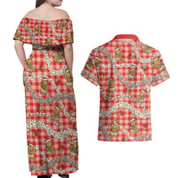 Red Palaka Hawaii Mele Kalikimaka Couples Matching Off Shoulder Maxi Dress and Hawaiian Shirt Ohia Lehua Shell Leis Funny Gingerbread Santa - Polynesian Pride