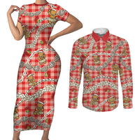 Red Palaka Hawaii Mele Kalikimaka Couples Matching Short Sleeve Bodycon Dress and Long Sleeve Button Shirt Ohia Lehua Shell Leis Funny Gingerbread Santa - Polynesian Pride
