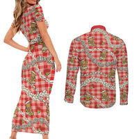 Red Palaka Hawaii Mele Kalikimaka Couples Matching Short Sleeve Bodycon Dress and Long Sleeve Button Shirt Ohia Lehua Shell Leis Funny Gingerbread Santa - Polynesian Pride