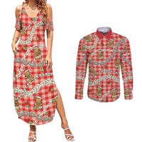 Red Palaka Hawaii Mele Kalikimaka Couples Matching Summer Maxi Dress and Long Sleeve Button Shirt Ohia Lehua Shell Leis Funny Gingerbread Santa - Polynesian Pride