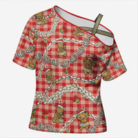 Red Palaka Hawaii Mele Kalikimaka Cross Shoulder Shirt Ohia Lehua Shell Leis Funny Gingerbread Santa - Polynesian Pride