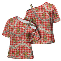 Red Palaka Hawaii Mele Kalikimaka Cross Shoulder Shirt Ohia Lehua Shell Leis Funny Gingerbread Santa - Polynesian Pride