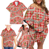 Red Palaka Hawaii Mele Kalikimaka Family Matching Off Shoulder Short Dress and Hawaiian Shirt Ohia Lehua Shell Leis Funny Gingerbread Santa - Polynesian Pride