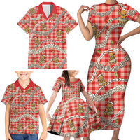 Red Palaka Hawaii Mele Kalikimaka Family Matching Short Sleeve Bodycon Dress and Hawaiian Shirt Ohia Lehua Shell Leis Funny Gingerbread Santa - Polynesian Pride
