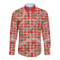 Red Palaka Hawaii Mele Kalikimaka Long Sleeve Button Shirt Ohia Lehua Shell Leis Funny Gingerbread Santa LT14 Unisex Red - Polynesian Pride