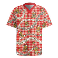 Red Palaka Hawaii Mele Kalikimaka Rugby Jersey Ohia Lehua Shell Leis Funny Gingerbread Santa LT14 Red - Polynesian Pride