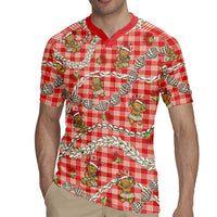 Red Palaka Hawaii Mele Kalikimaka Rugby Jersey Ohia Lehua Shell Leis Funny Gingerbread Santa LT14 - Polynesian Pride