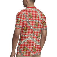 Red Palaka Hawaii Mele Kalikimaka Rugby Jersey Ohia Lehua Shell Leis Funny Gingerbread Santa - Polynesian Pride