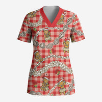 Red Palaka Hawaii Mele Kalikimaka Scrub Top Ohia Lehua Shell Leis Funny Gingerbread Santa LT14 Adult Red - Polynesian Pride