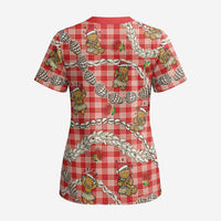 Red Palaka Hawaii Mele Kalikimaka Scrub Top Ohia Lehua Shell Leis Funny Gingerbread Santa LT14 - Polynesian Pride