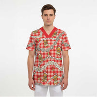 Red Palaka Hawaii Mele Kalikimaka Scrub Top Ohia Lehua Shell Leis Funny Gingerbread Santa LT14 - Polynesian Pride