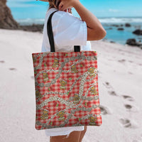 Red Palaka Hawaii Mele Kalikimaka Tote Bag Ohia Lehua Shell Leis Funny Gingerbread Santa - Polynesian Pride