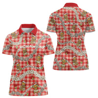 Red Palaka Hawaii Mele Kalikimaka Women Polo Shirt Ohia Lehua Shell Leis Funny Gingerbread Santa - Polynesian Pride