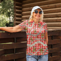 Red Palaka Hawaii Mele Kalikimaka Women Polo Shirt Ohia Lehua Shell Leis Funny Gingerbread Santa - Polynesian Pride