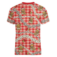 Red Palaka Hawaii Mele Kalikimaka Women V-Neck T-Shirt Ohia Lehua Shell Leis Funny Gingerbread Santa - Polynesian Pride