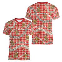 Red Palaka Hawaii Mele Kalikimaka Women V-Neck T-Shirt Ohia Lehua Shell Leis Funny Gingerbread Santa - Polynesian Pride