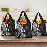Black Polynesia Paisley Grocery Bag Polynesian With Tropical Flowers LT14 3-pack One Size Black - Polynesian Pride